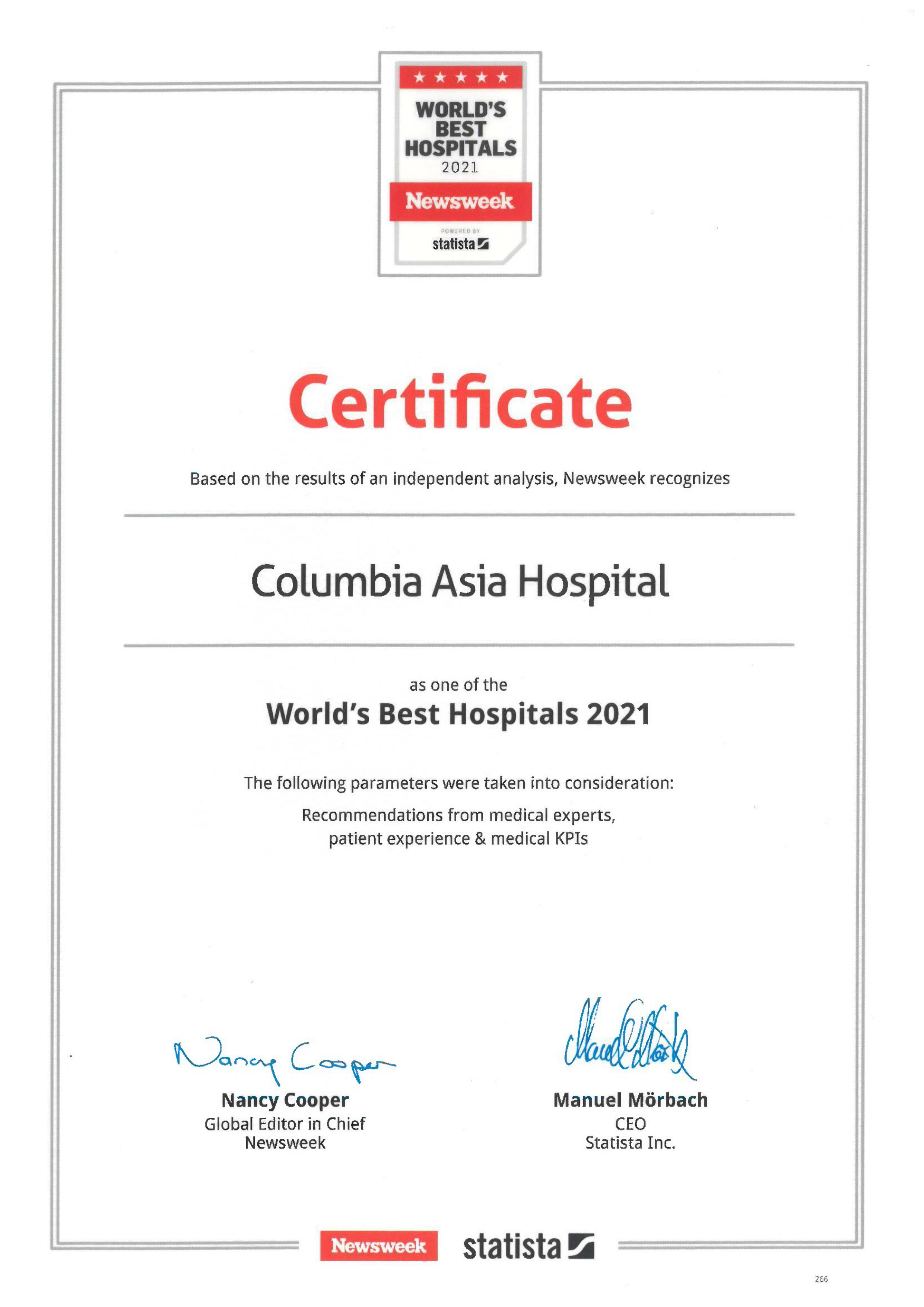 Columbia Asia Hospitals Receives “World’s Best Hospitals 2021” Recognition by Newsweek