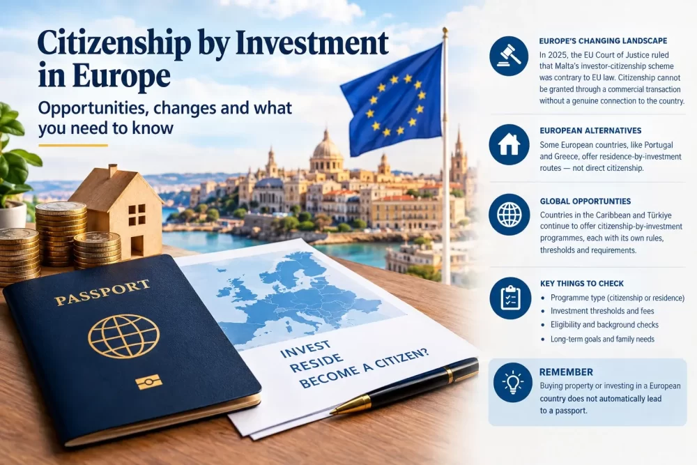 Citizenship by Investment in Europe and Around the World: Programmes, Costs and Alternatives 117 Citizenship by investment in Europe infographic featuring an EU flag, passport, coins, property, and key investment and residency options.