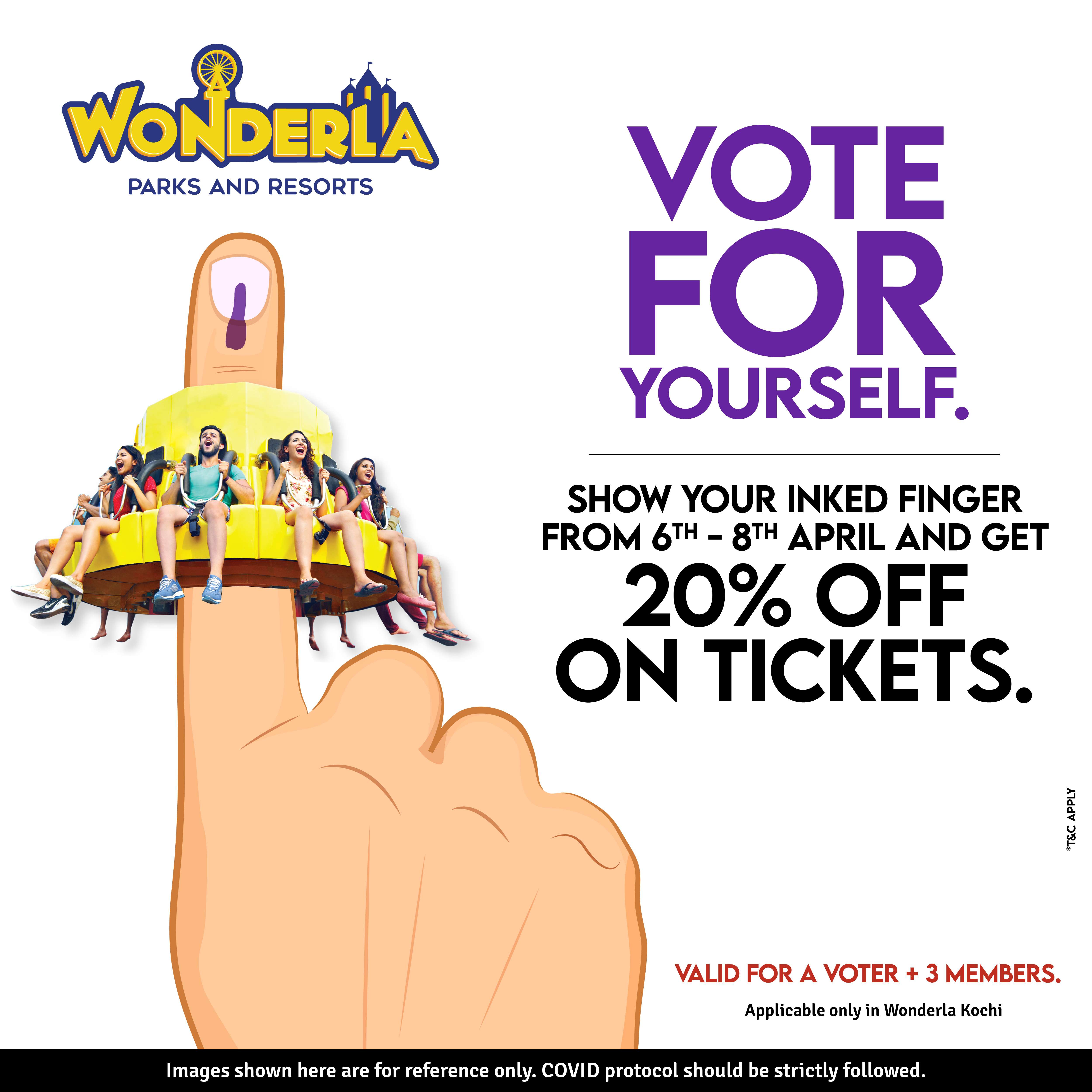 Wonderla Kochi- Show your inked finger and get an amazing 20% off on tickets from 6th to 8th April