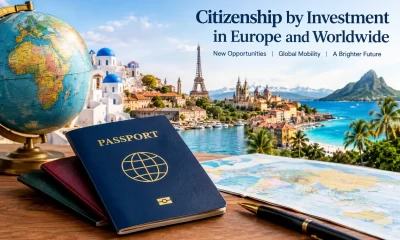 Citizenship by investment in Europe and worldwide, featuring passports, a globe and international destinations