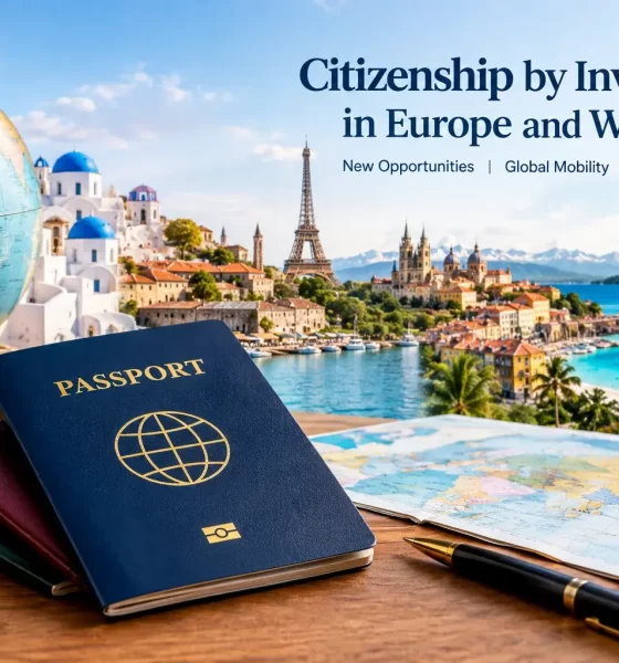 Citizenship by investment in Europe and worldwide, featuring passports, a globe and international destinations