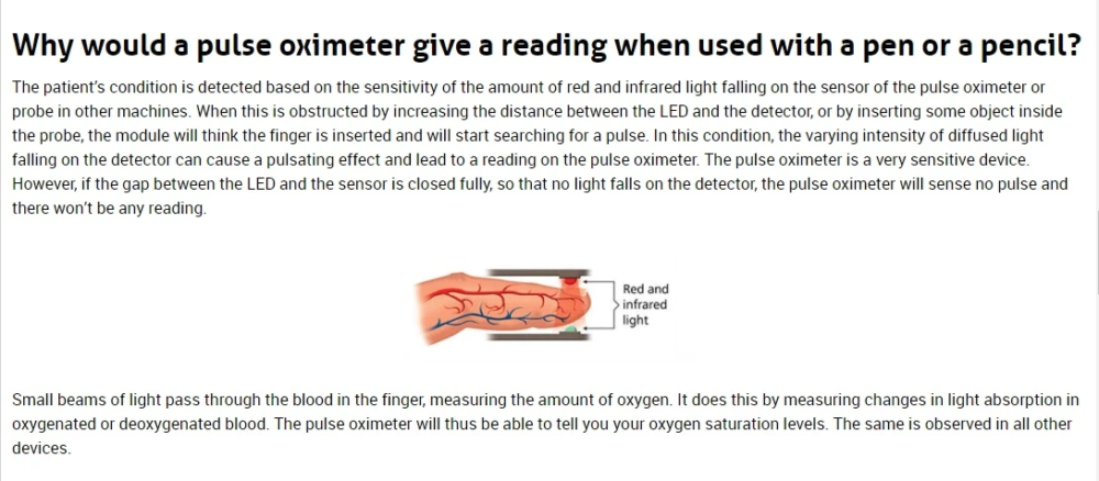 Why would a pulse oximeter give a reading when used with a pen or pencil?